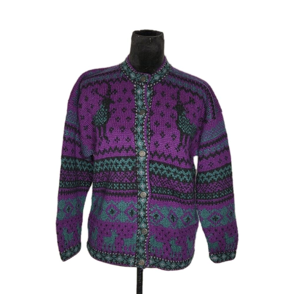 VTG Putumayo Wool Deer Cardigan Sweater Nordic Folk Art Cabin Core USA S - Picture 2 of 9